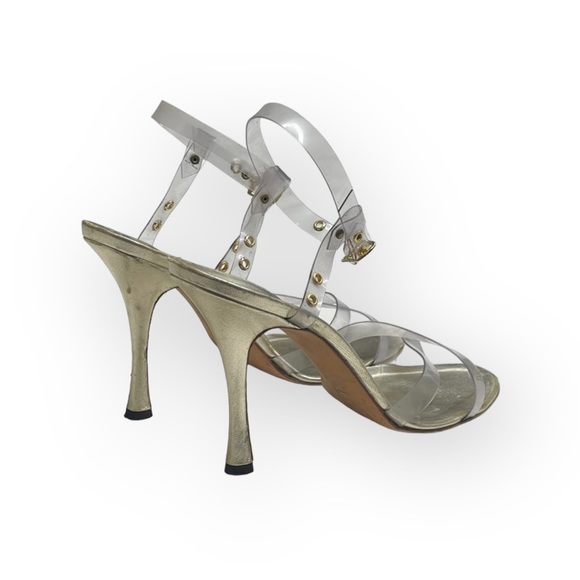 Manolo Blahnik 𖦹 Clear PVC Vinyl Ankle Strap Stiletto Heels Sandals 𖦹 Gold 𖦹 - Picture 2 of 16